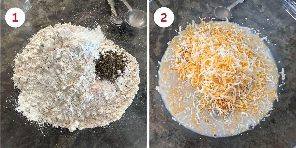 Photos of the dry ingredients in a bowl with the cheese.