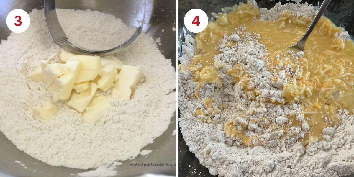 Photos showing cutting in the butter to the dry ingredients and mixing the dough.