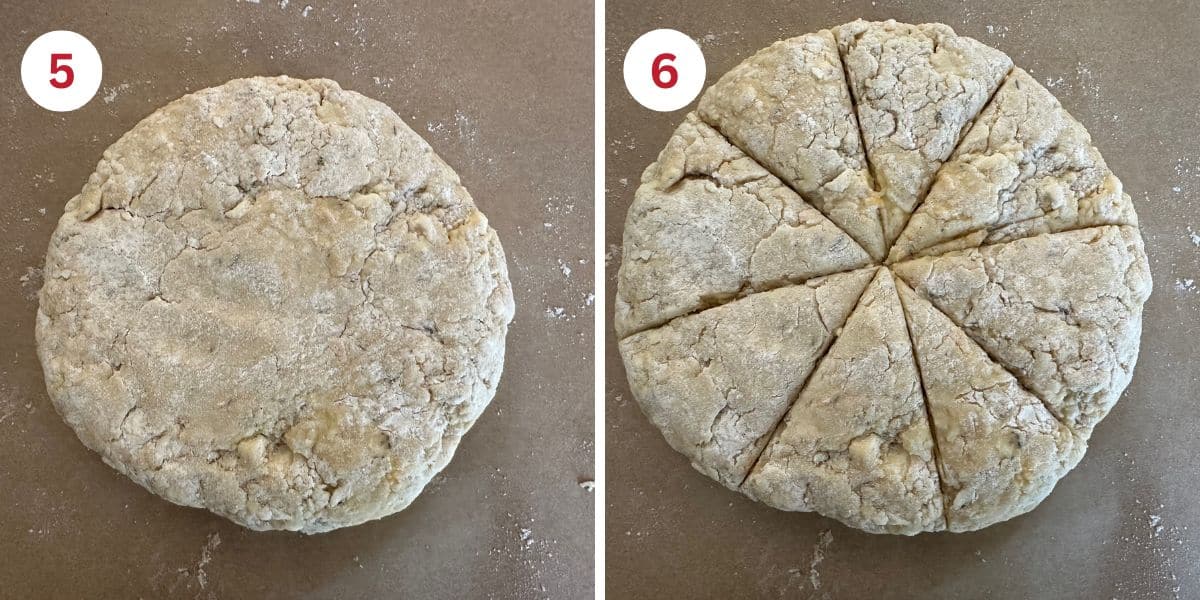 Photos showing shaping the scone dough and making the cut lines.