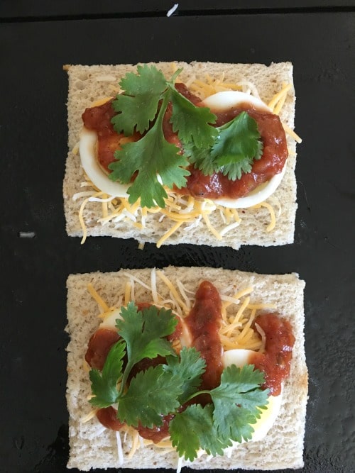 eggs and salsa on slices of bread. Each has fresh cilantro on top.