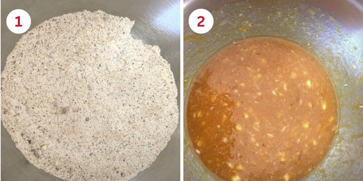 Photos of the wet and dry pumpkin madeleine ingredients in mixing bowls.