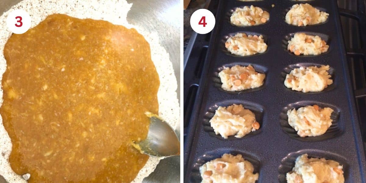 Photos mixing up the wet and dry ingredients in a mixing bowl.