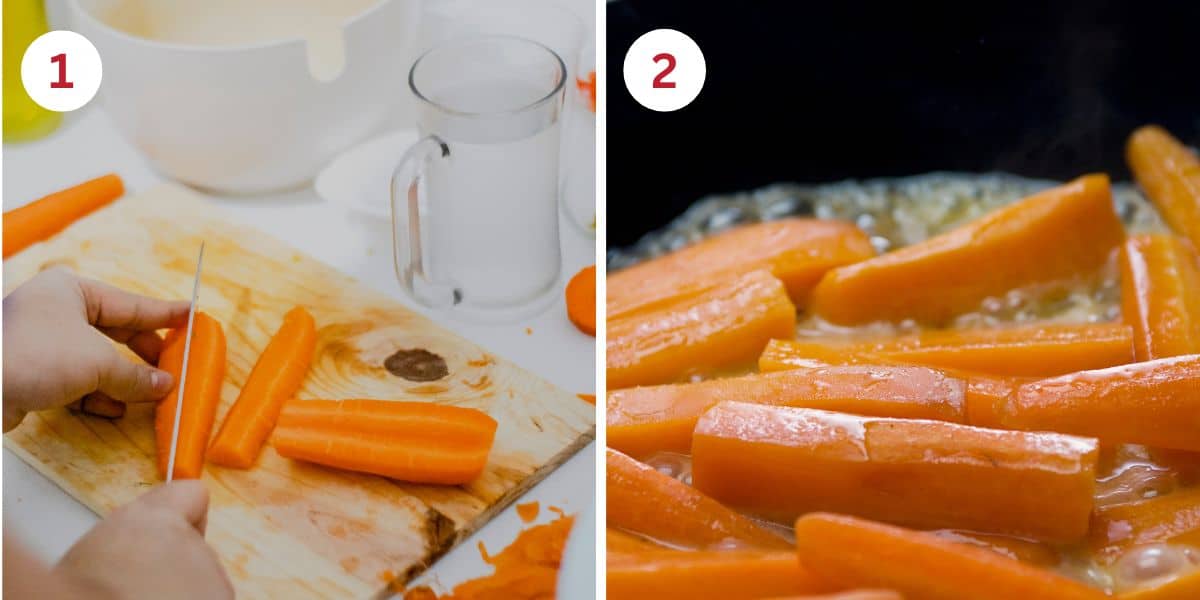 Photos showing cutting the carrots and cooking them in a skillet.