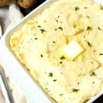 A Pinterest pin image of the mashed potatoes in a casserole dish.