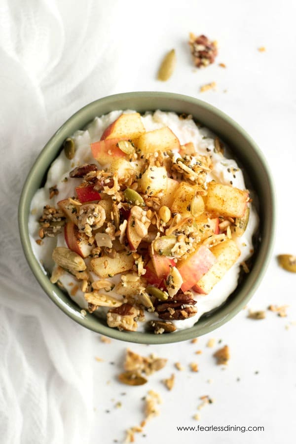 The top view of a cinnamon apple yogurt bowl.