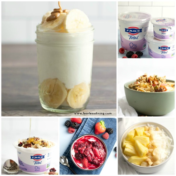 A collage of all five yogurt bowl recipe photos.