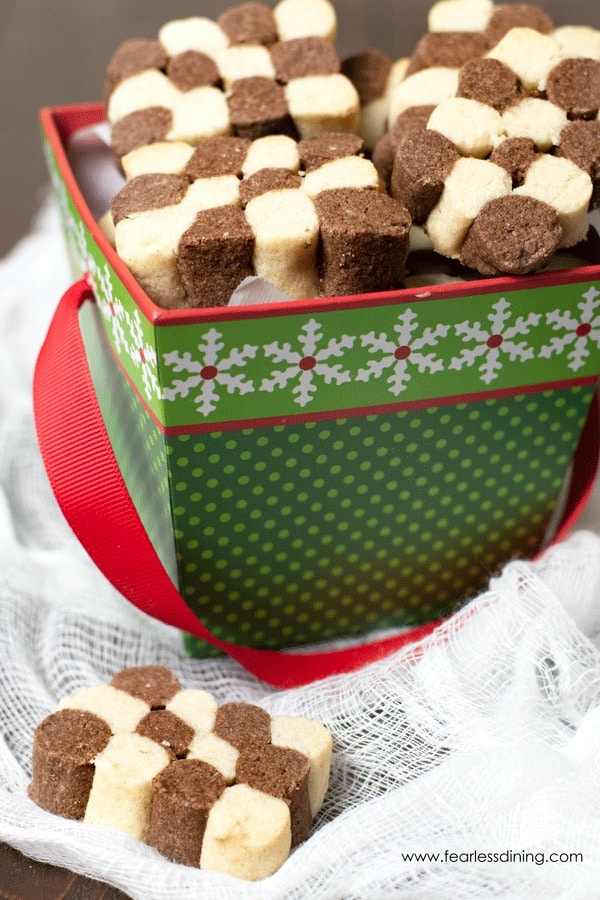 Gluten free black and white cookies in a gift box.