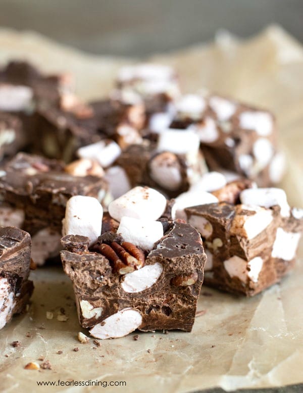 A close up of pieces of peppermint rocky road fudge.