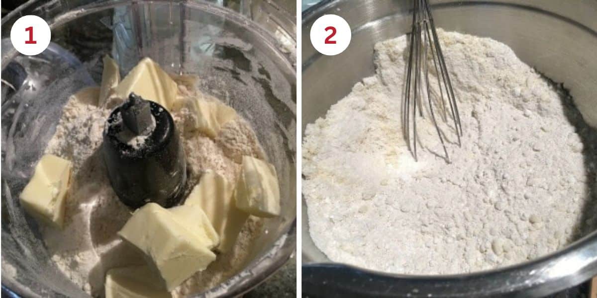 Photos of the dry ingredients in a food processor and of the ingredients with the little butter chunks.