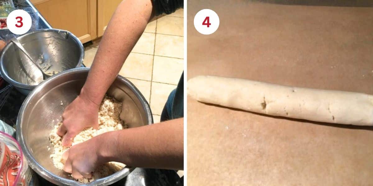 Photos showing mixing the dough by hand and rolling rolls with the dough.