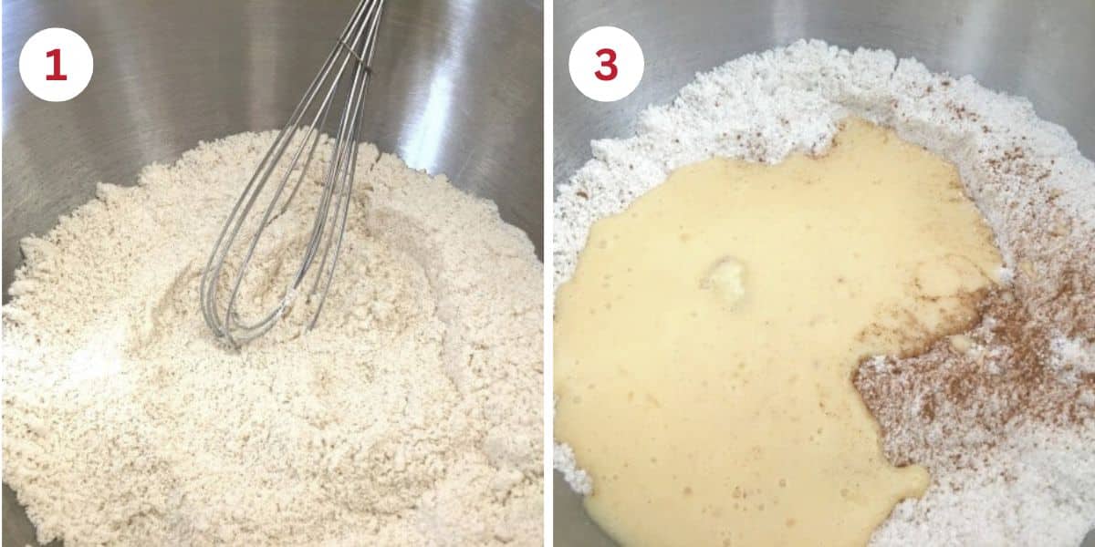 Photos mixing the wet and dry ingredients in a mixing bowl.