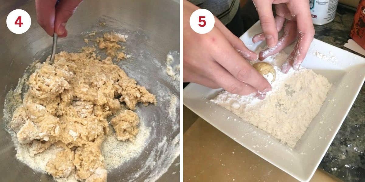 Photos of the cookie dough and rolling dough balls in powdered sugar.
