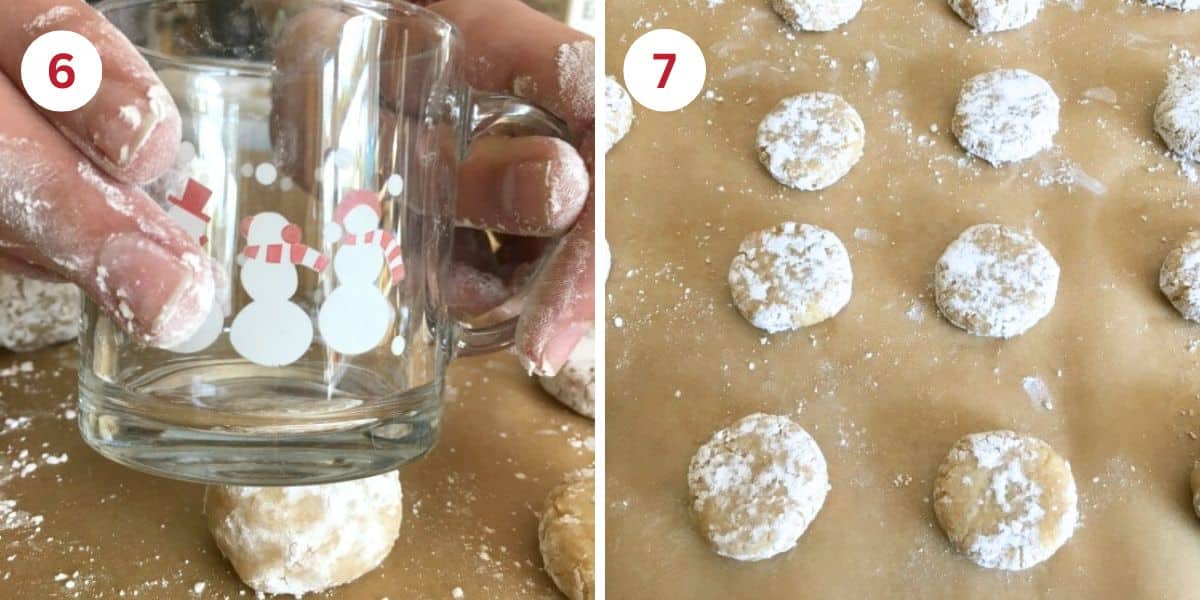Photos showing how to partially flatten the dough and the cookies on a baking sheet ready to bake.