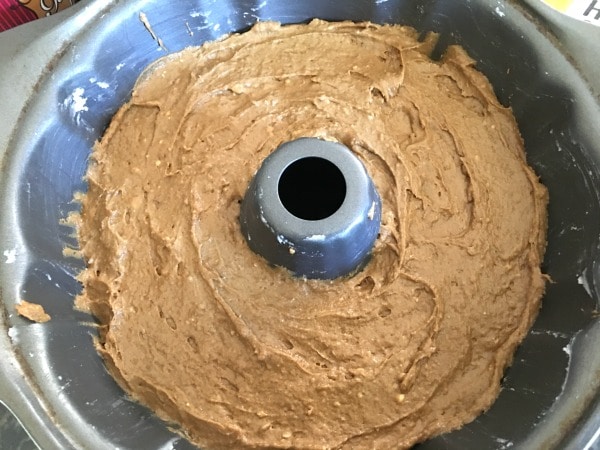 Gingerbread cake batter in a bundt pan.