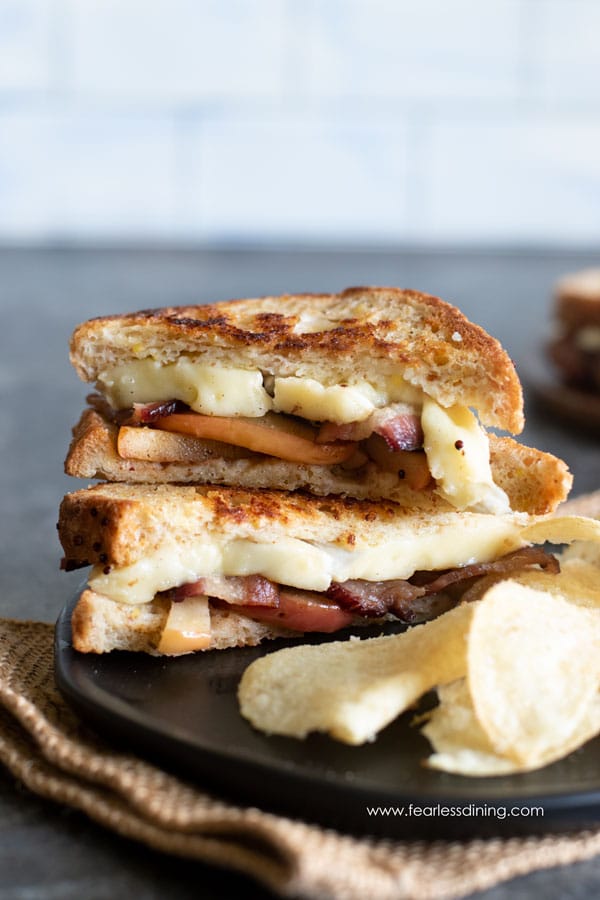 A grilled brie sandwich with chips on a plate