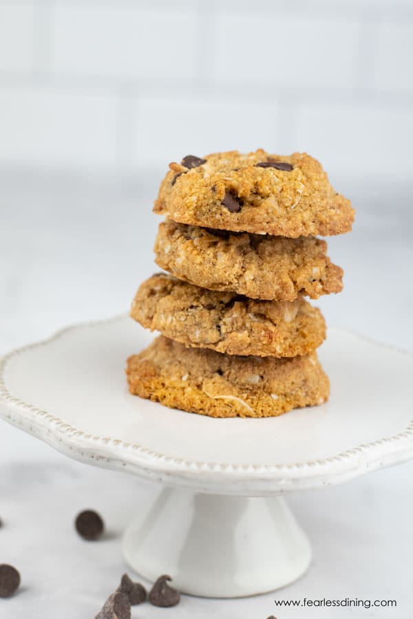 A stack of almond flour cookies on a tray.