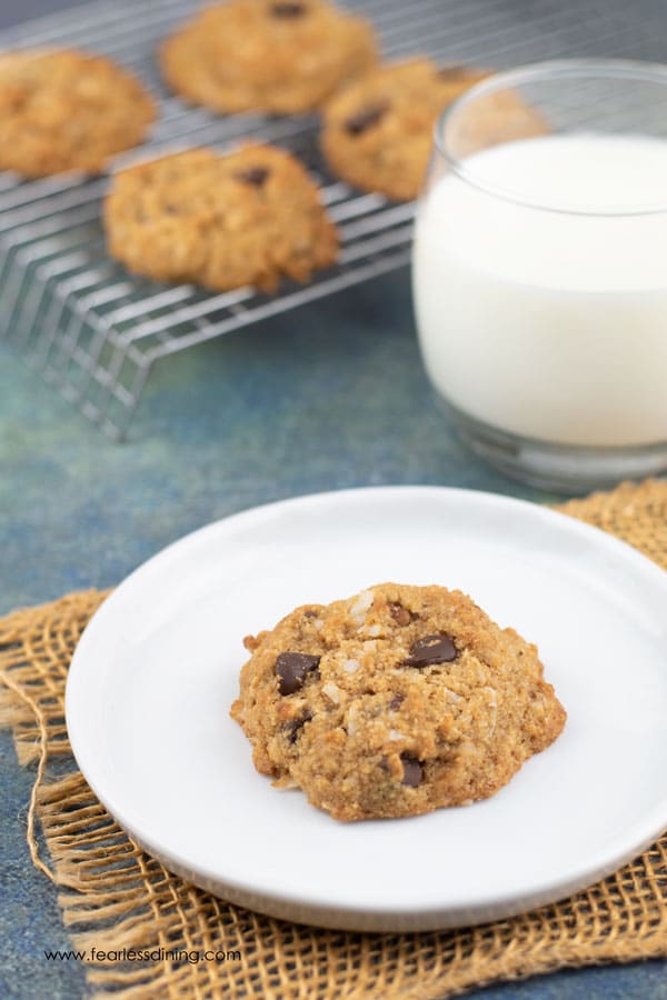 a paleo almond flour chocolate chip cookie on a plate next to a glass of milk.