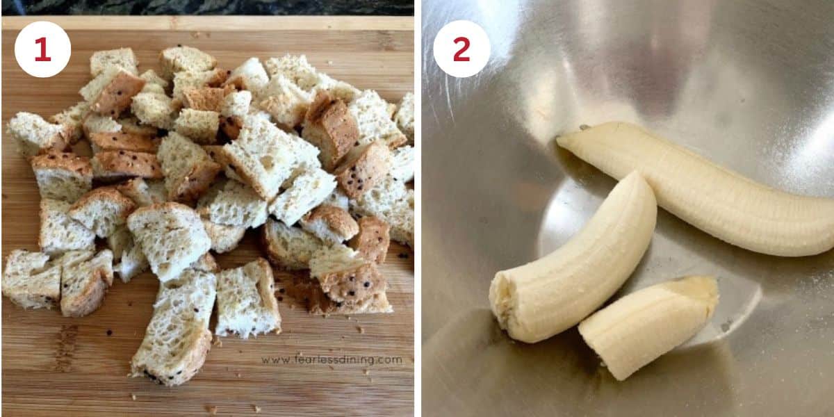Photos showing the bread cut into cubes and a banana in a mixing bowl.