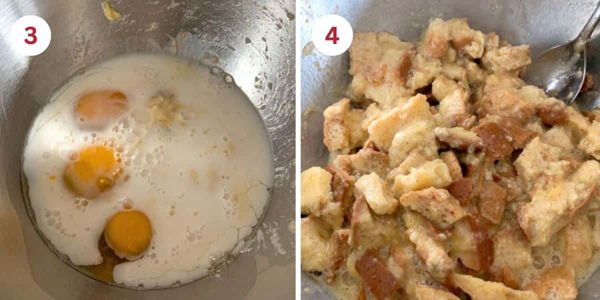 Photos showing the wet ingredients in a mixing bowl and the bread cubes absorbing the liquids.