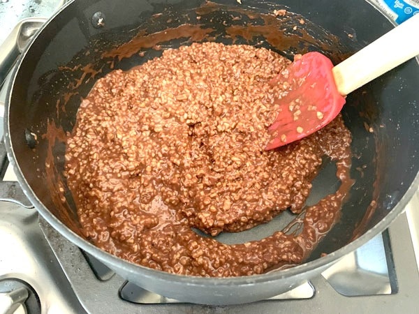 Chocolate steel cut oats in a pot cooking.