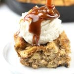 Drizzling caramel over the banana bread pudding.
