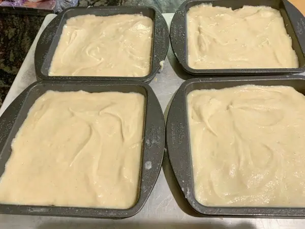 cake batter in pans ready to bake