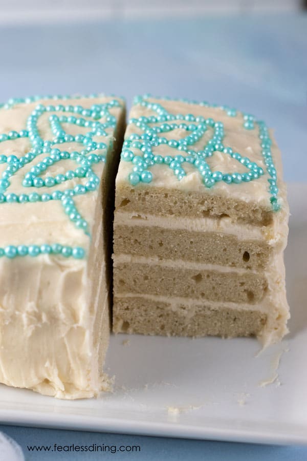 A sliced open layer cake.