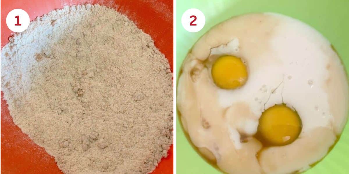 Photos showing the wet and dry ingredients in separate bowls.