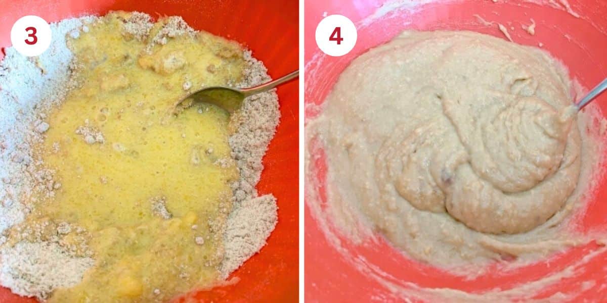 Photos showing mixing the ingredients and the cake batter.