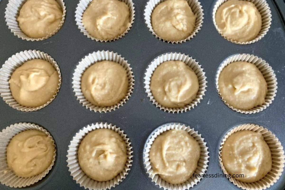 Cupcake batter in the cupcake pan ready to bake.