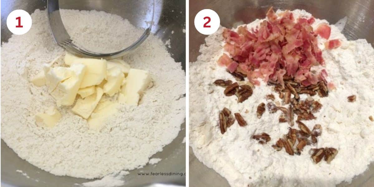 Photos of cutting the butter into the dry ingredients and adding the bacon.