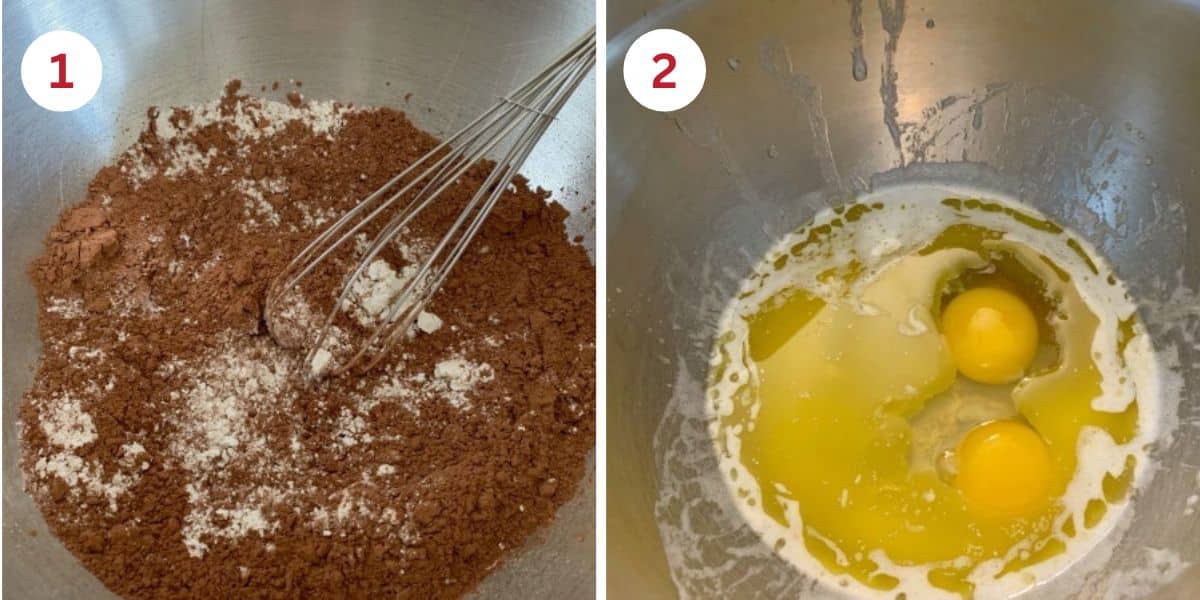 Photos of mixing the wet and dry ingredients in separate bowls.
