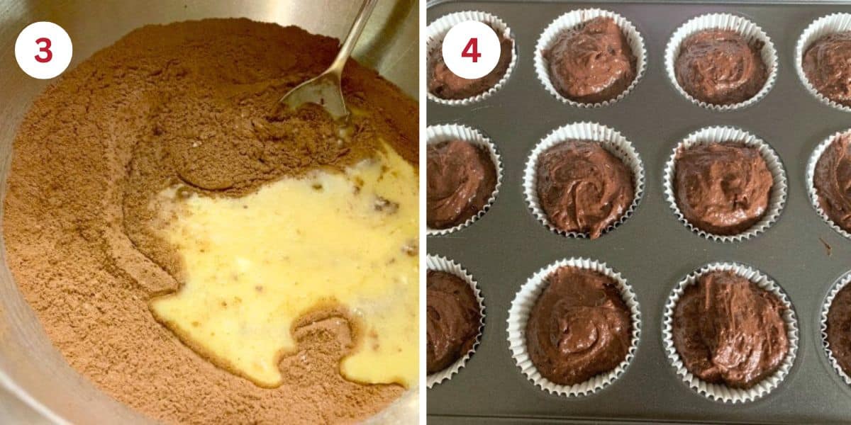Photos mixing the wet and dry ingredients and the cupcake batter in a cupcake pan.