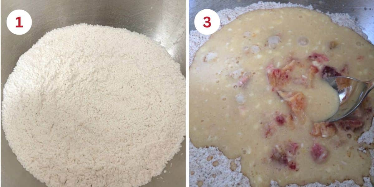 Photos of the dry mixed ingredients and the wet ingredients with pieces of blood orange poured into the dry ingredients.