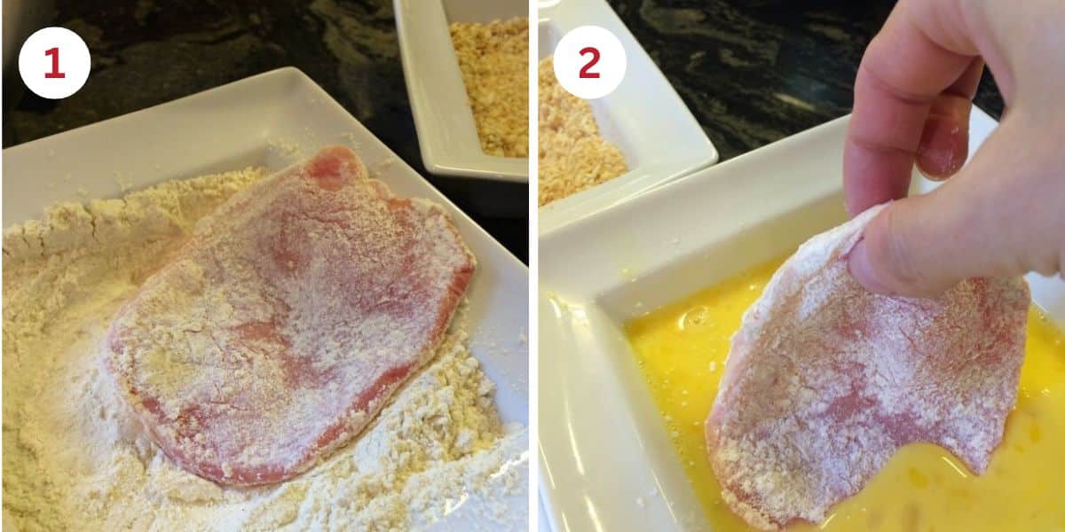 Photos showing how to dip the pork cutlet in flour and egg.