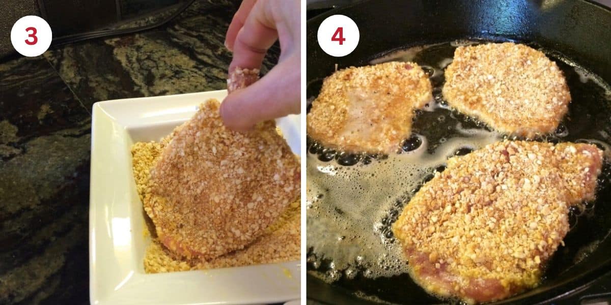 Photos showing dipping the pork in the panko and frying it in oil.