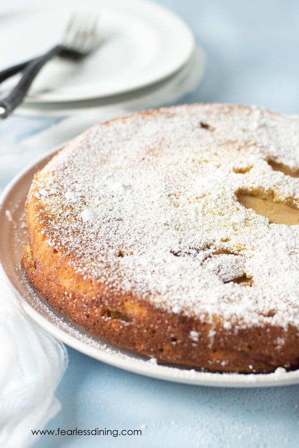 aAwhole gluten free matzo apple cake on a plate. It was dusted with powdered sugar.