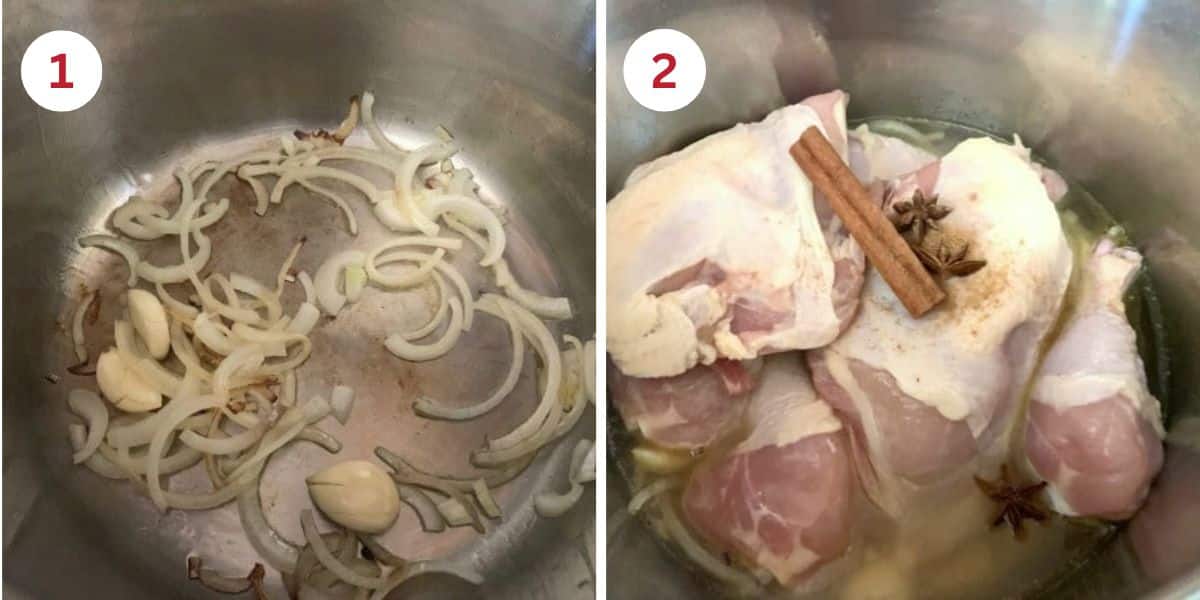 Photos showing cooking the onions and garlic and adding the chicken and spices to the soup pot.