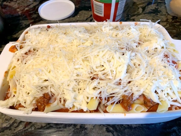 The ziti casserole ready to bake.