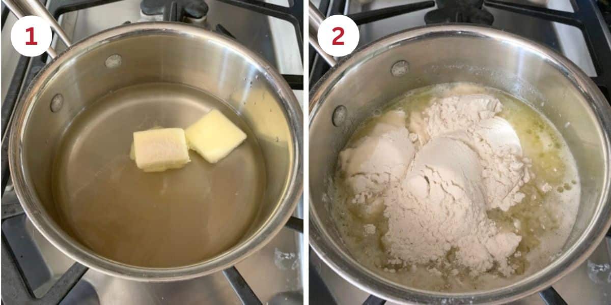 Photos showing how to cook the ingredients in a pan to make the dough.