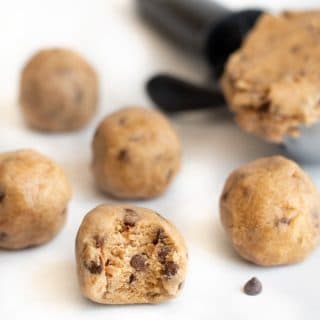 Edible cookie dough balls on the counter