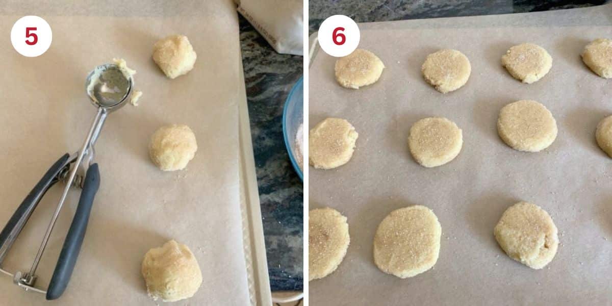 Photos of the cookie dough balls before and after rolling in cinnamon sugar.