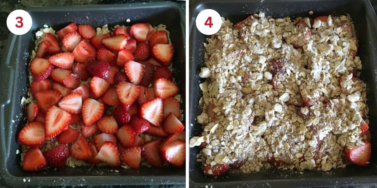 Photos showing all of the strawberries layered on top of the crust and the top crumble added.