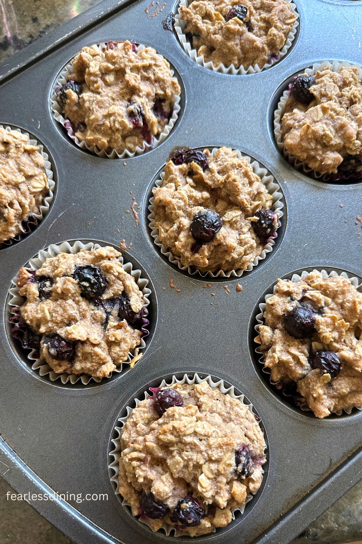 Baked blueberry oat muffins in a muffin tin.