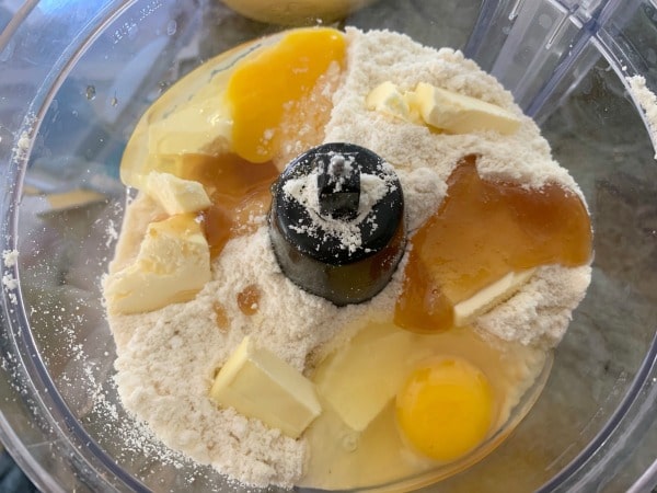 Cobbler topping ingredients in a food processor.