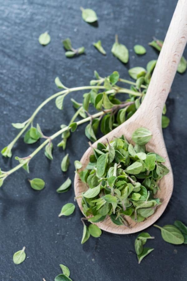 Fresh oregano leaves in a wooden spoon.