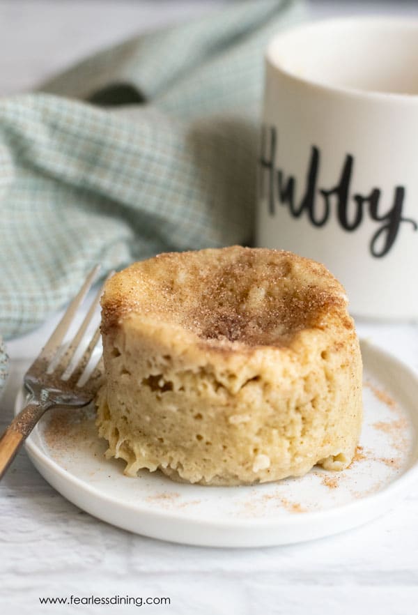 A gluten free snickerdoodle microwave cake on a plate.