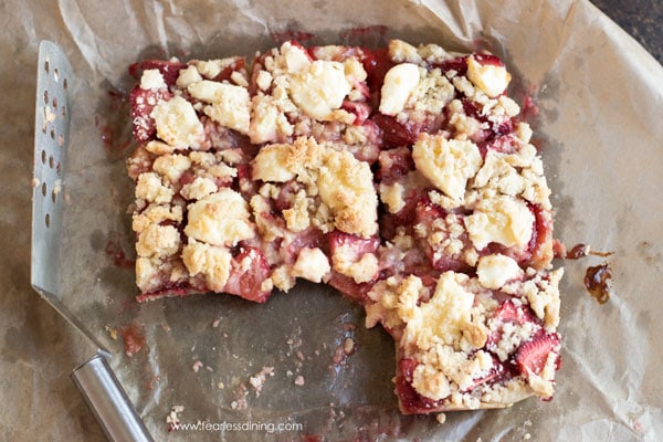 The strawberry bars with two pieces missing.