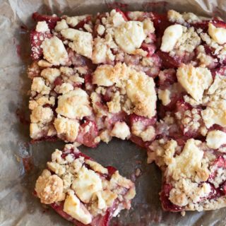 The top view of sliced gluten free strawberry cream cheese bars.