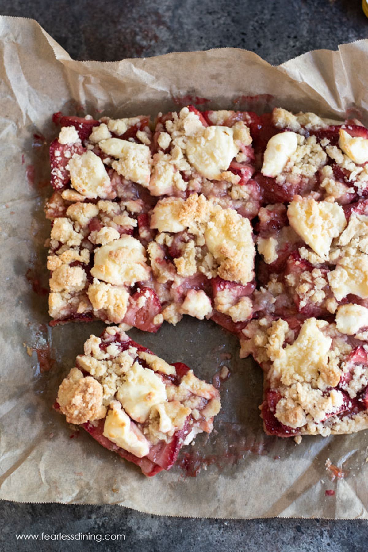 The top view of sliced gluten free strawberry cream cheese bars.